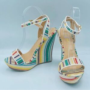 EUC Shoe Dazzle Retro Striped Platform Wedge Sandals